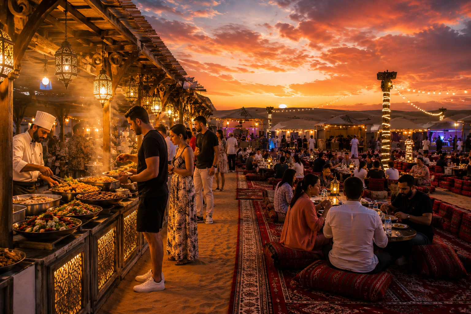 BBQ buffet dinner served under the desert sky — grilled meats, Arabic dishes and unlimited soft drinks, Red Dune Desert Safari Dubai