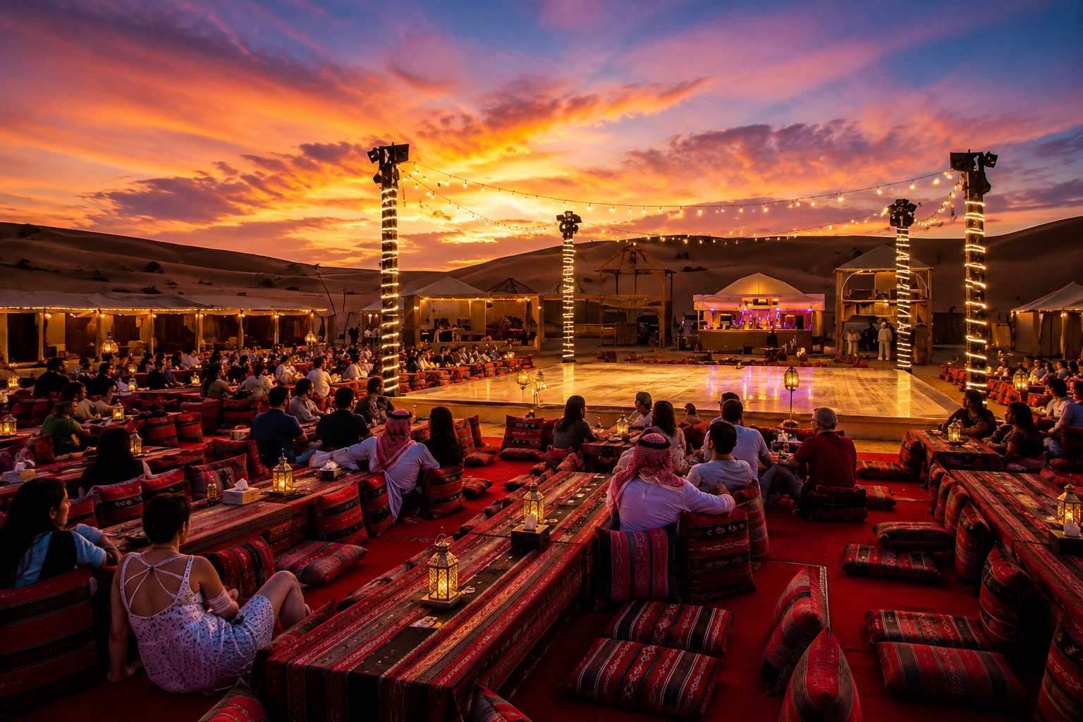 Traditional Arabian Bedouin camp with live entertainment stage, Lahbab Desert Dubai