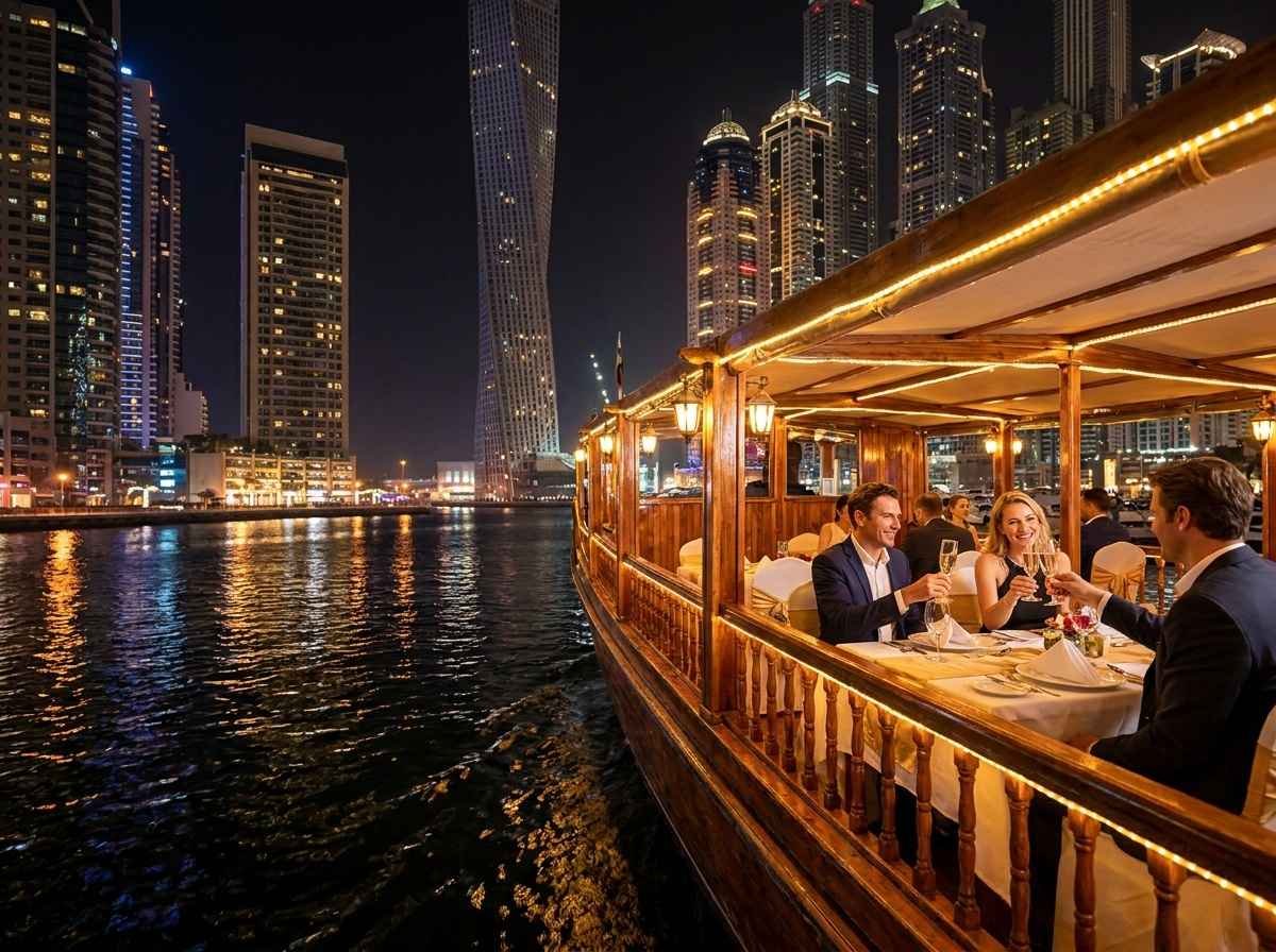 Enjoy a memorable dinner aboard a traditional dhow while cruising through Dubai Marina.