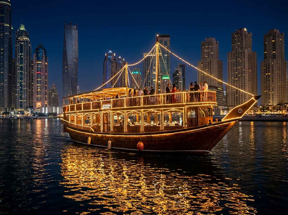 Enjoy a Dubai Marina dinner cruise with stunning nighttime skyline views.