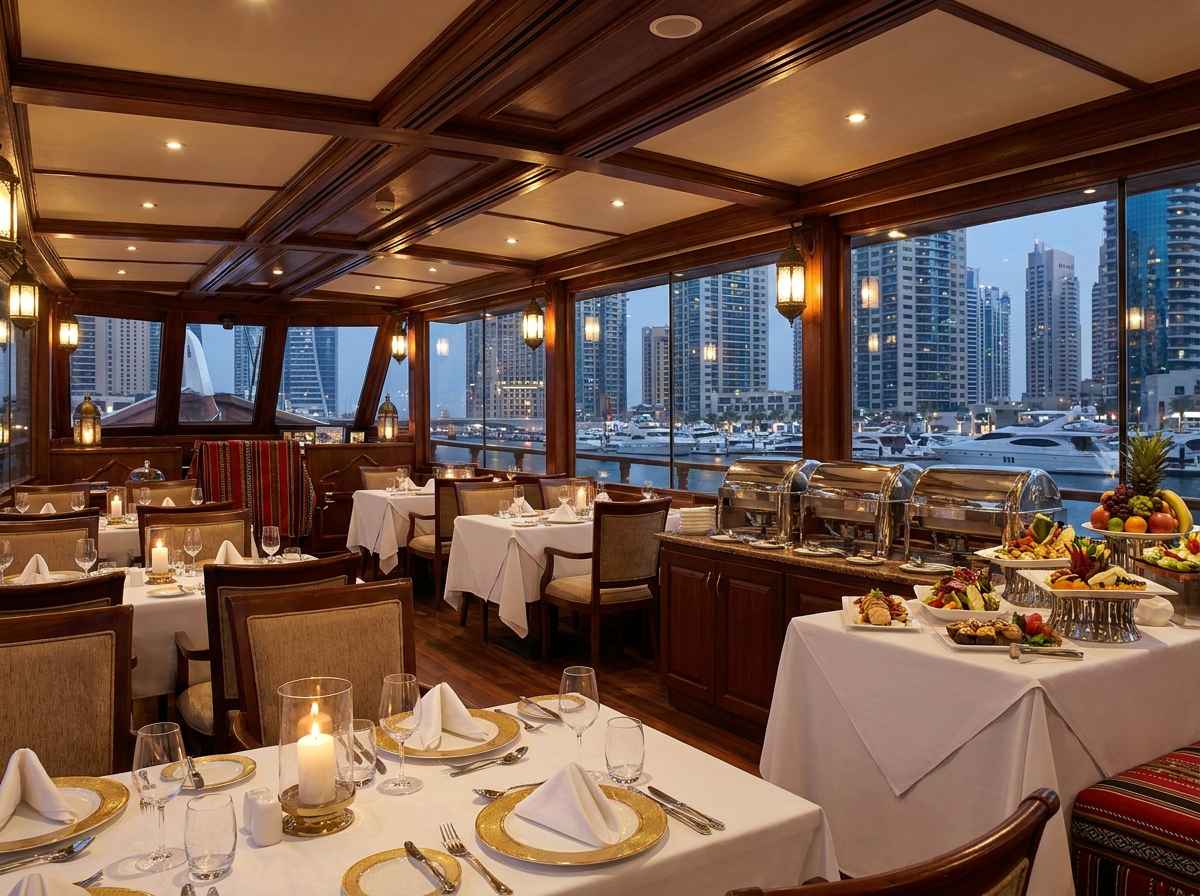 Enjoy a comfortable indoor dining experience with views of Dubai Marina.