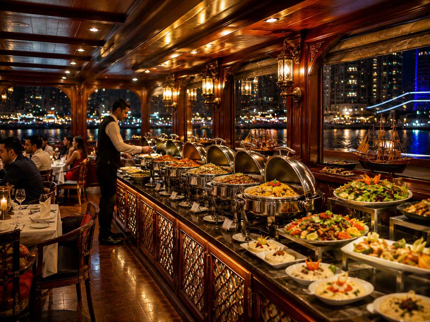 Enjoy a selection of international dishes during your Dubai Marina dinner cruise.