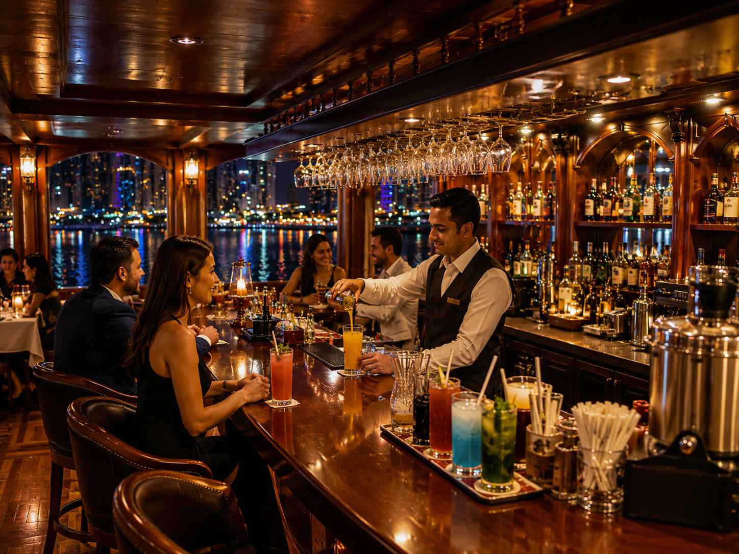 Relax at the onboard bar with refreshing drinks while enjoying Dubai Marina's illuminated skyline.