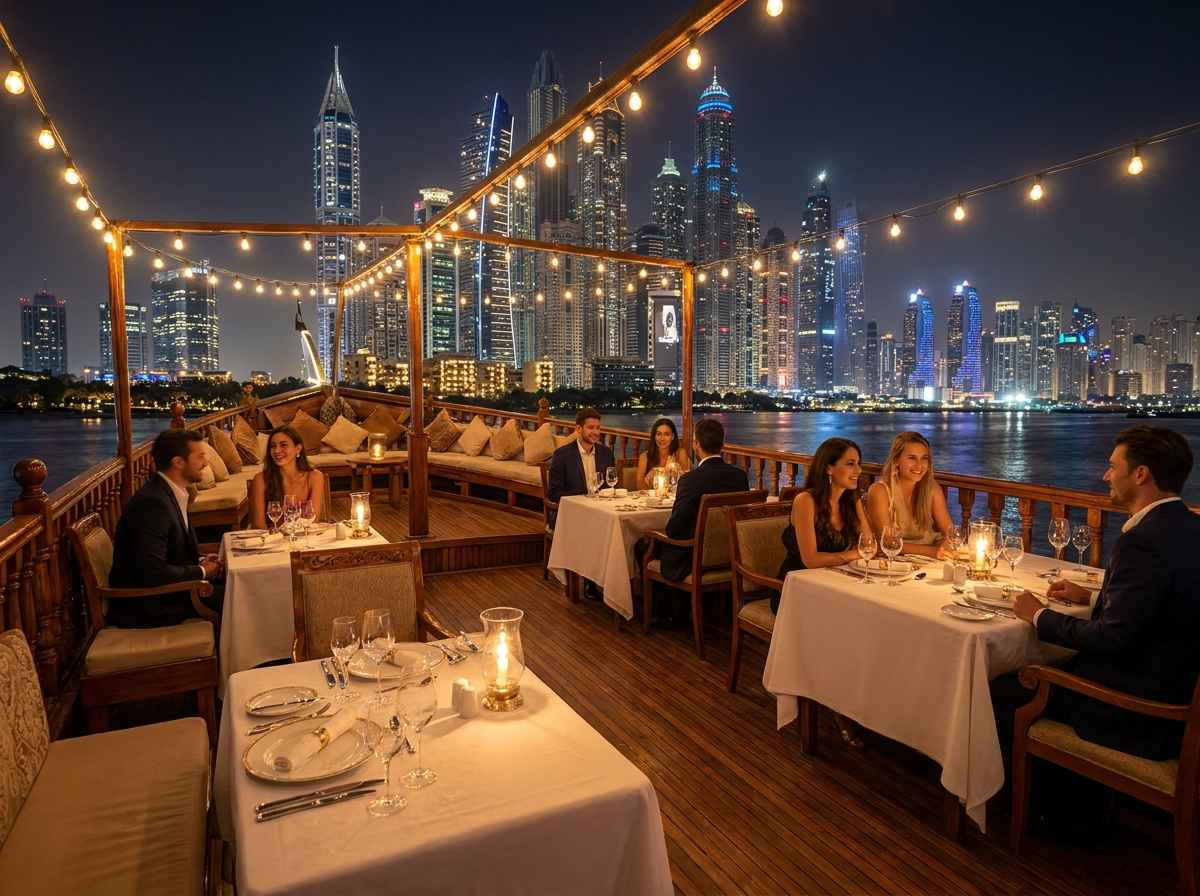 Dine under the evening sky while enjoying Dubai Marina's spectacular skyline.