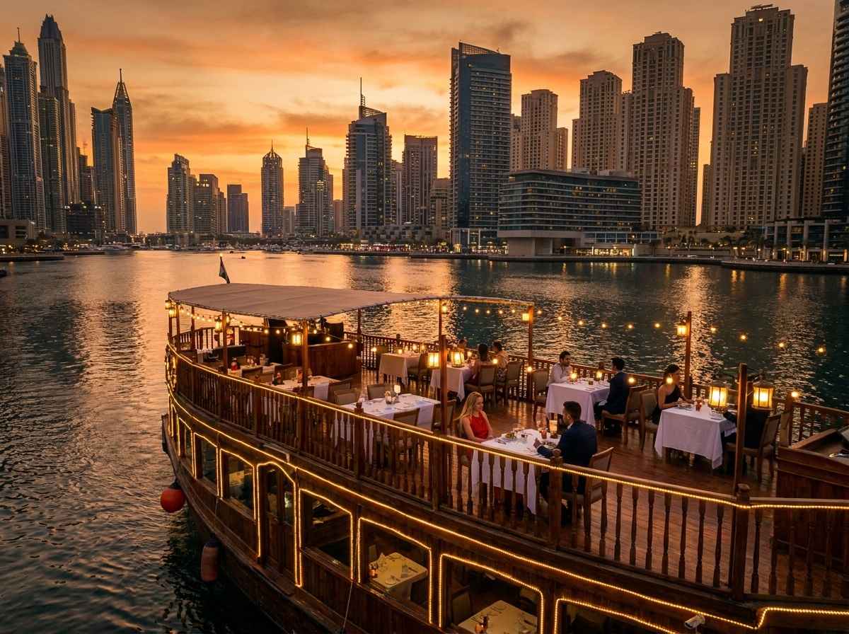 Enjoy dinner on the open deck as the Dubai Marina skyline glows at sunset.