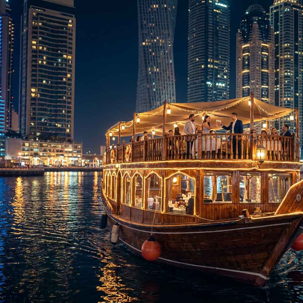 Relax on the upper deck and enjoy panoramic views of Dubai Marina at night.