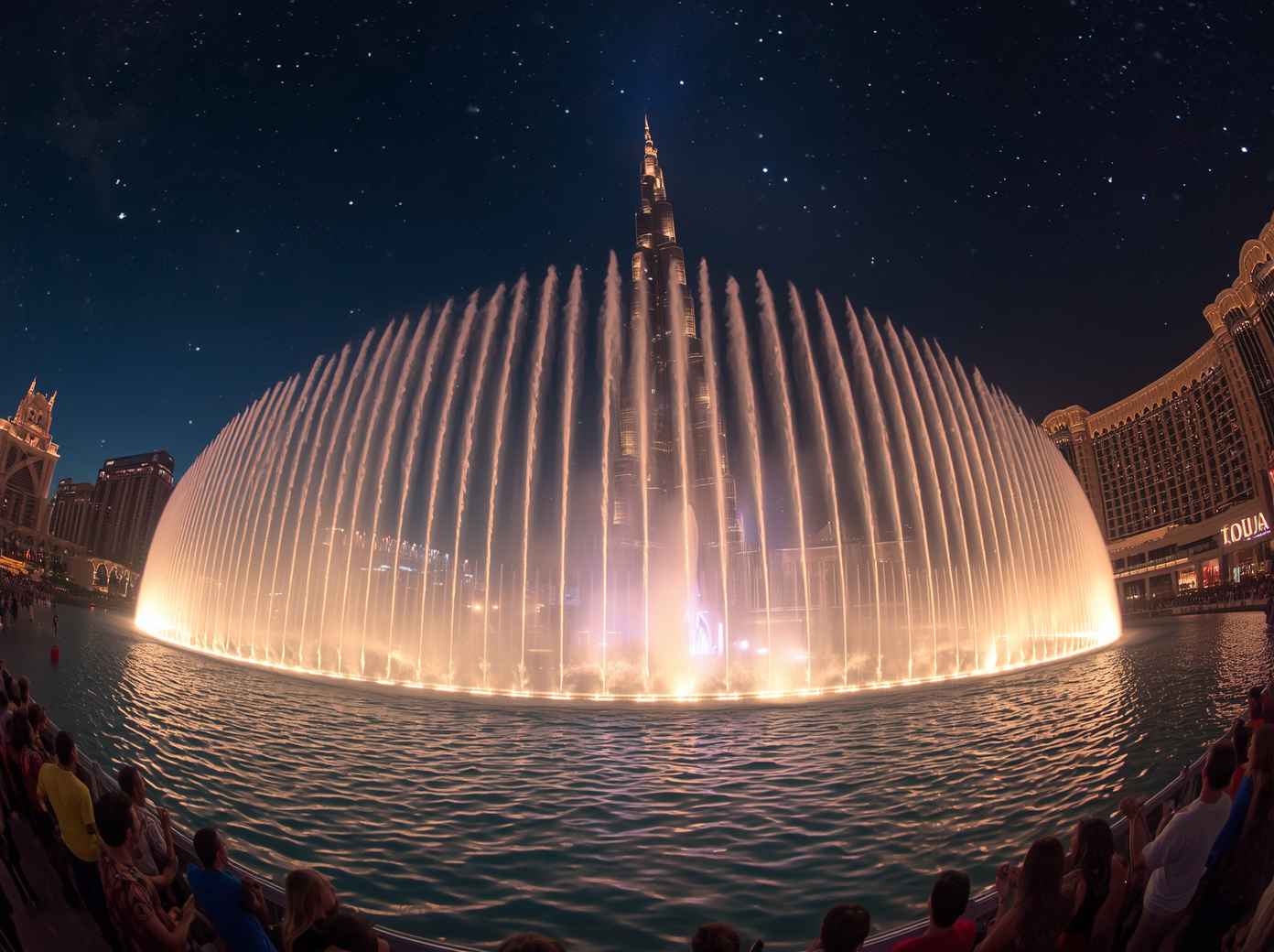 Experience the spectacular Dubai Fountain show with Burj Khalifa in the background.