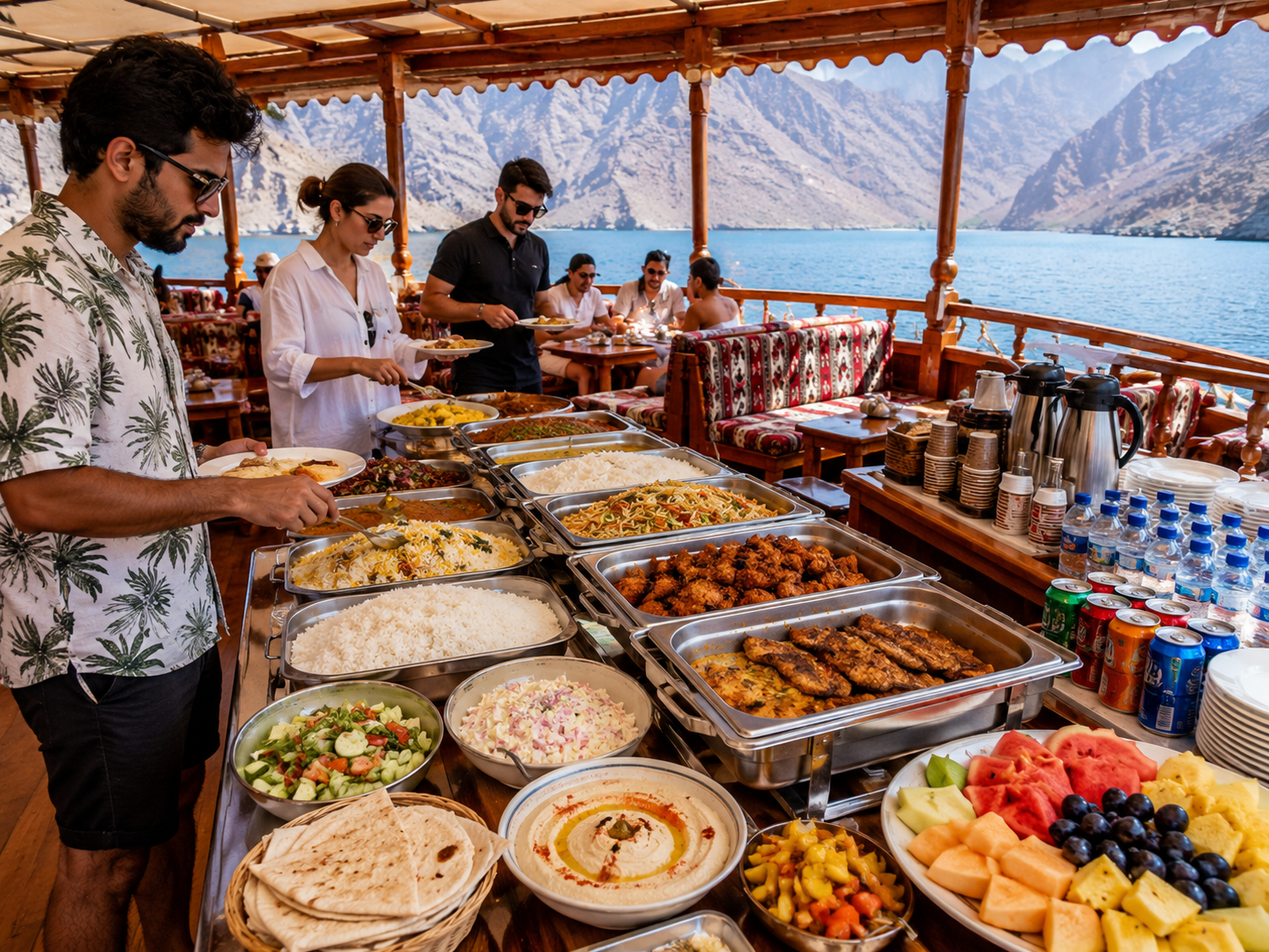 Feast on a lavish onboard buffet with the Musandam fjords as your backdrop