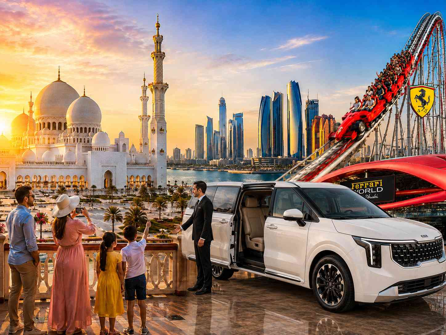 Explore Abu Dhabi's top attractions with a private vehicle and Ferrari World ticket.