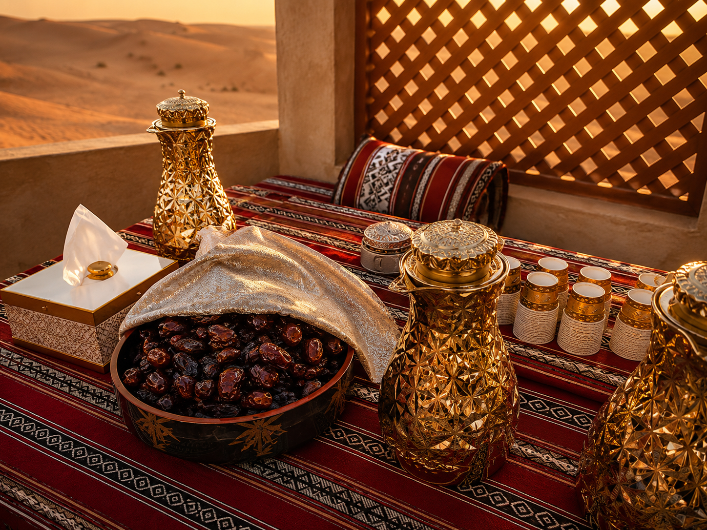 Arabic coffee and dates welcome at the private desert camp, Lahbab Desert Dubai