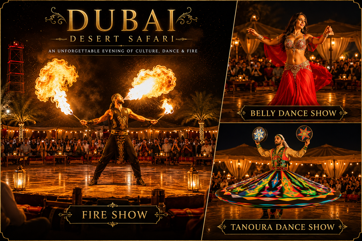  Exclusive live entertainment at the desert camp — fire show, belly dance and Tanoura, Private Desert Safari Dubai