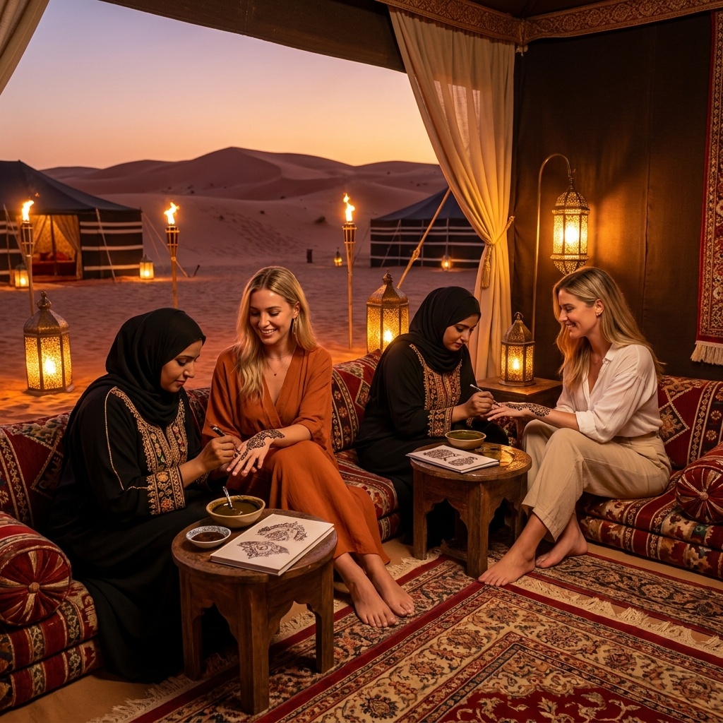 Traditional henna painting at your own pace — included in the Private Desert Safari Dubai