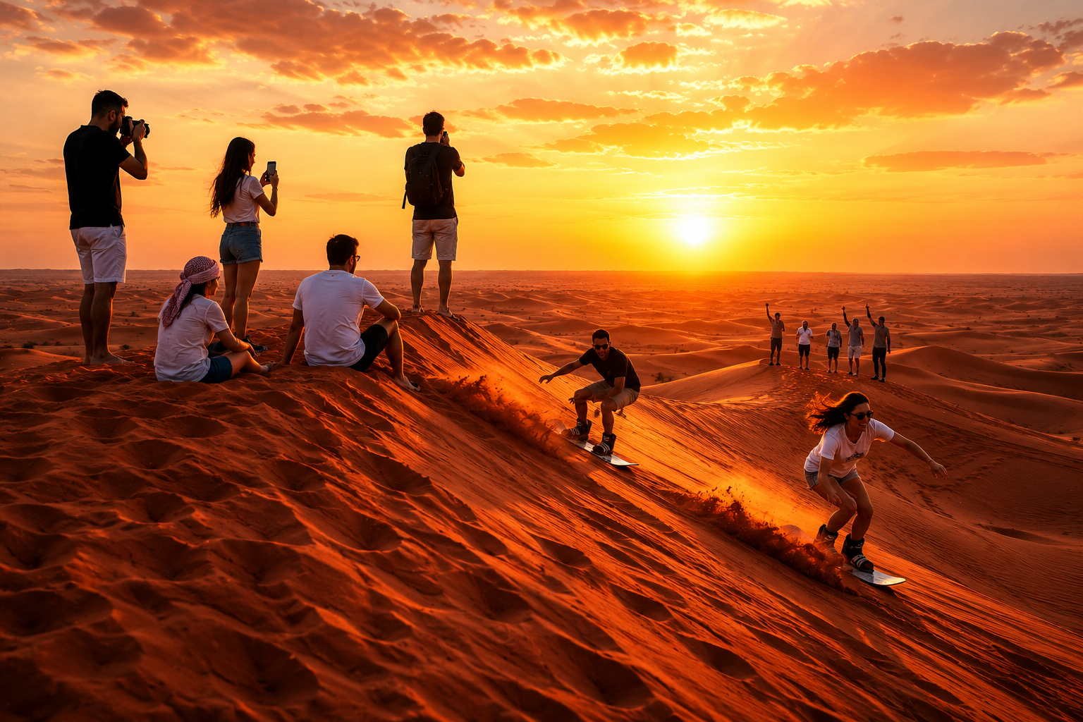 Sandboarding on the Lahbab red dunes at your own pace, included in the Private Desert Safari Dubai