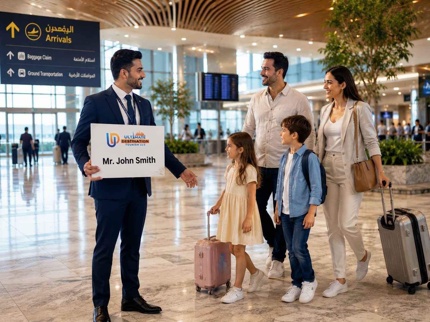 Professional meet and greet service at Abu Dhabi International Airport with a dedicated chauffeur.