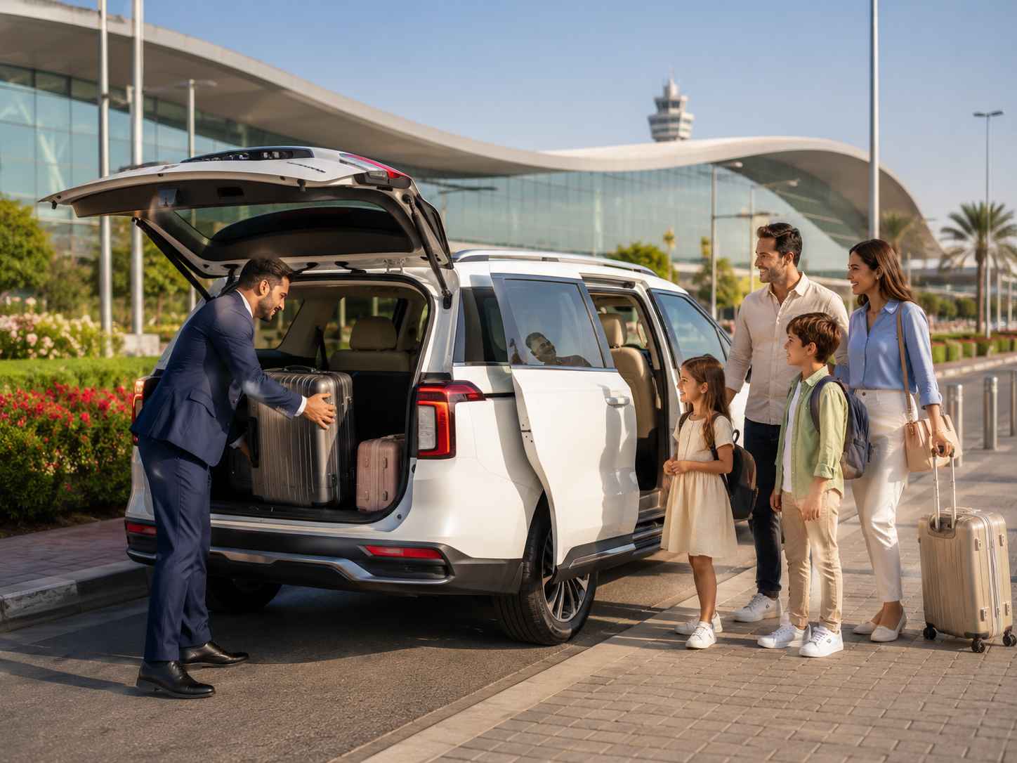 Professional chauffeur assisting with luggage during your AUH airport pickup.