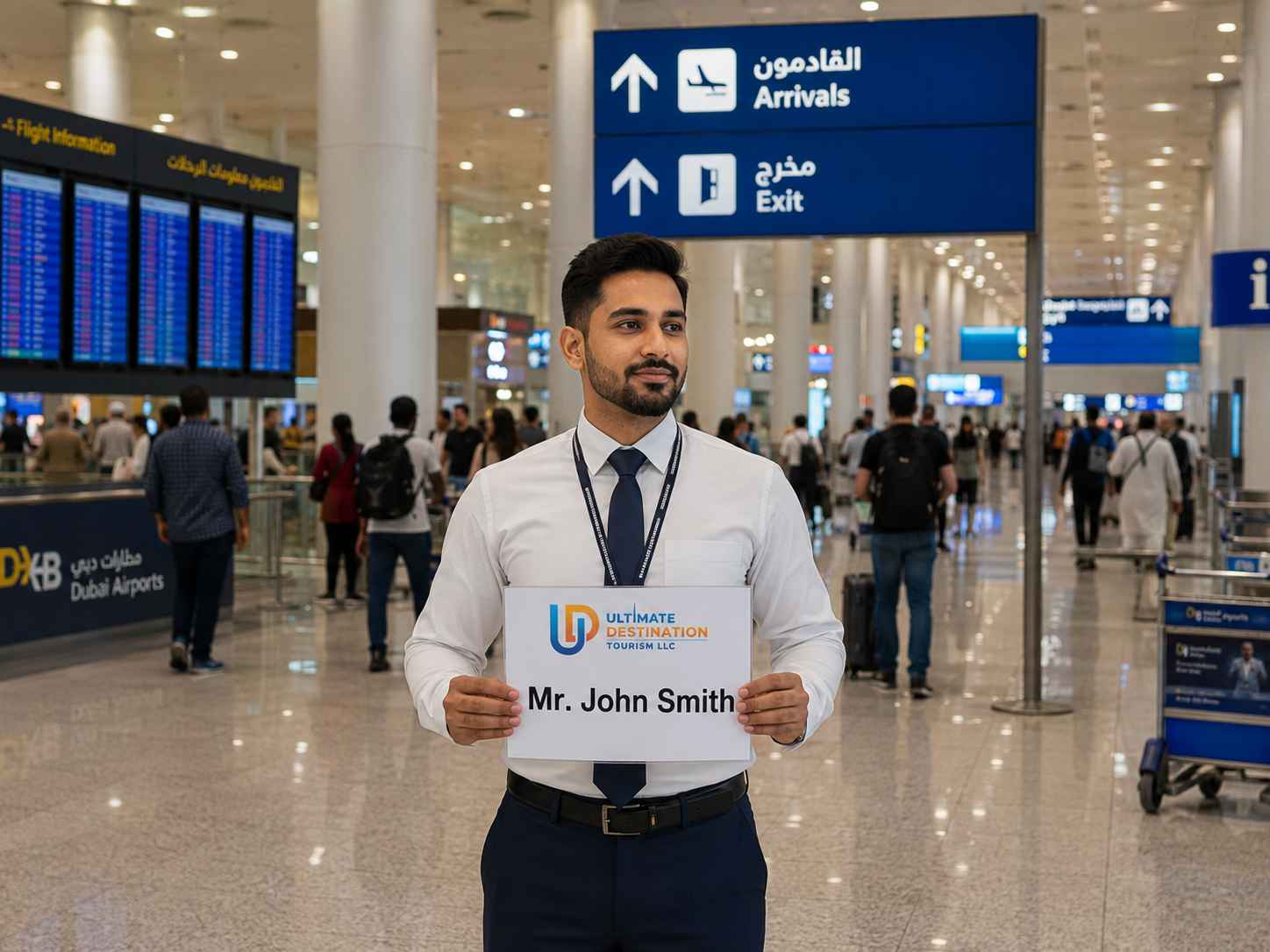 Your driver waits inside the arrivals hall with a personalised name board.
